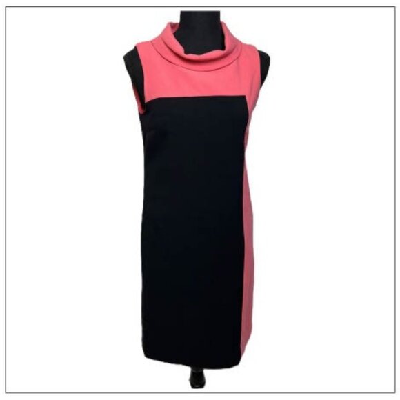 Tahari ASL Coral and Black Color Block Shift Dress - Picture 3 of 5